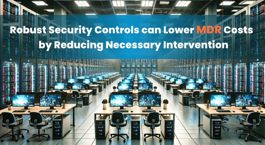 A large, modern office space with rows of computer workstations and servers, highlighting the importance of robust security controls in lowering MDR costs by reducing necessary intervention