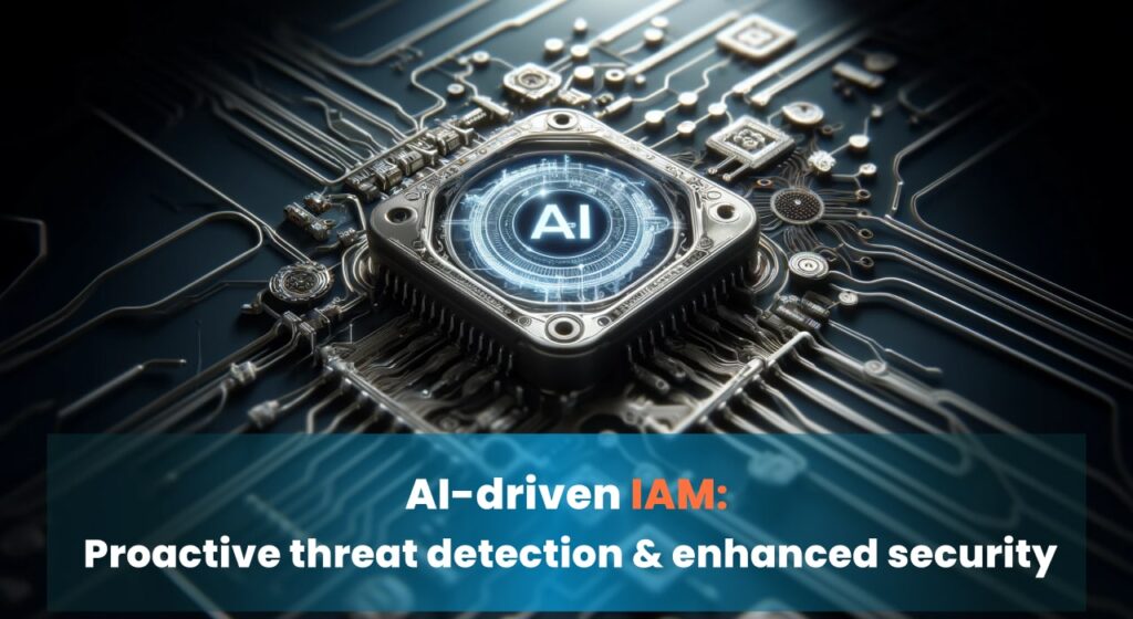 A microchip with an illuminated "AI" symbol in the center, representing AI-driven Identity and Access Management (IAM) technology for proactive threat detection and enhanced security.