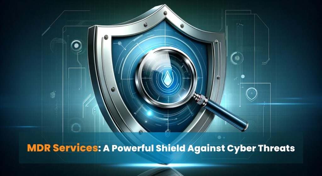 A shield with a magnifying glass in the center, symbolizing the integration of human expertise and technology in Managed Detection and Response (MDR) services to protect against cyber threats.