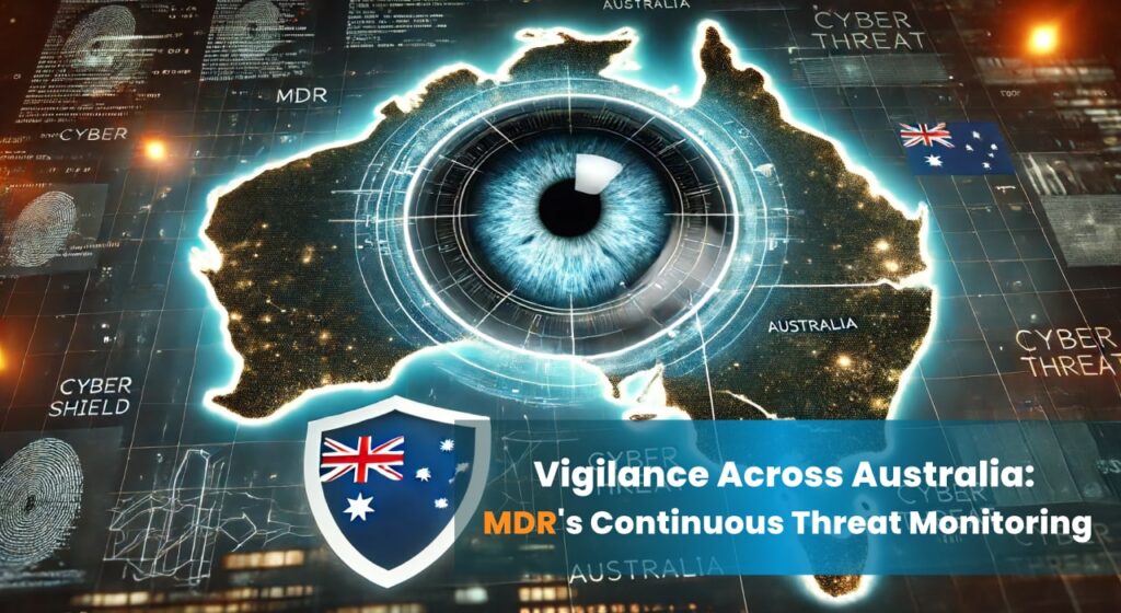 A digital map of Australia with a glowing eye symbolizing constant monitoring, and an MDR shield protecting against cyber threats.