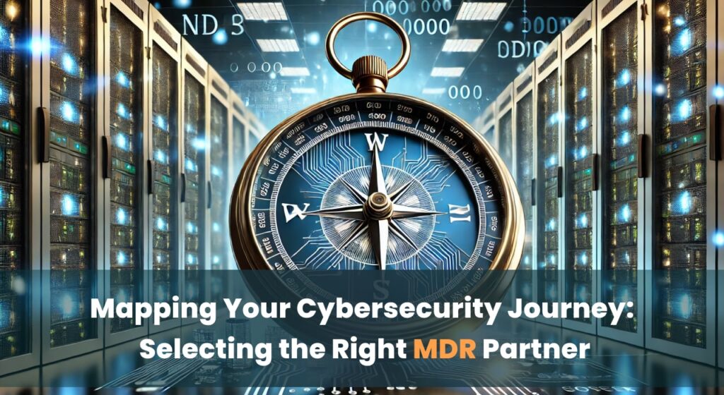 A digital compass pointing towards a secure data center with rows of illuminated servers, symbolizing the importance of choosing the right MDR provider for cybersecurity.