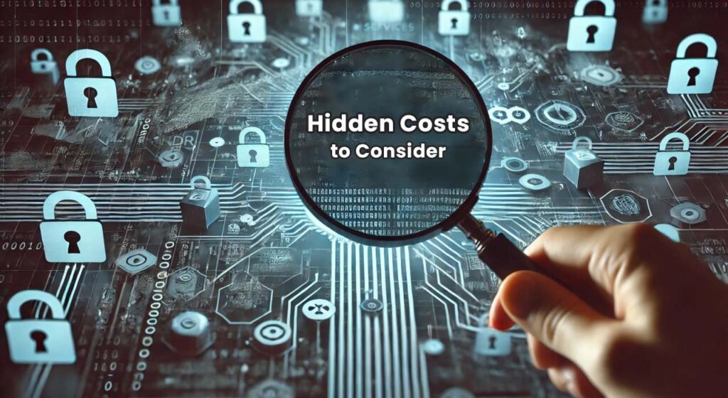 A magnifying glass revealing hidden costs associated with MDR services, such as implementation fees and data egress charges, over a complex network diagram.