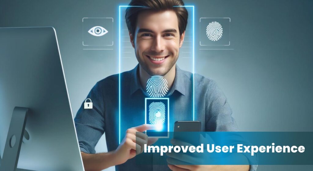 A smiling man using biometric authentication on his smartphone, with icons representing fingerprint and eye recognition, illustrating the concept of improved user experience through AI-driven IAM.