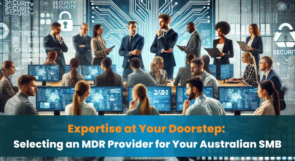 Diverse security professionals working together in a collaborative environment with multiple monitors displaying security data and dashboards, representing the selection of an MDR provider for Australian SMBs.