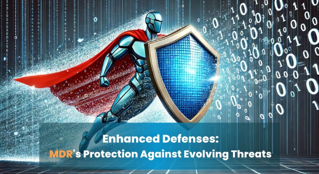 A superhero with a shield deflecting a stream of binary code, symbolizing MDR's enhanced protection against evolving cyber threats.