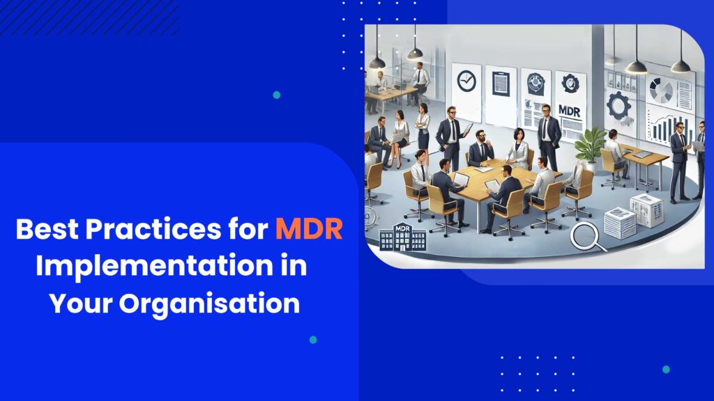 Professionals implementing best practices for MDR compliance in an office setting, discussing strategies and referencing documents.