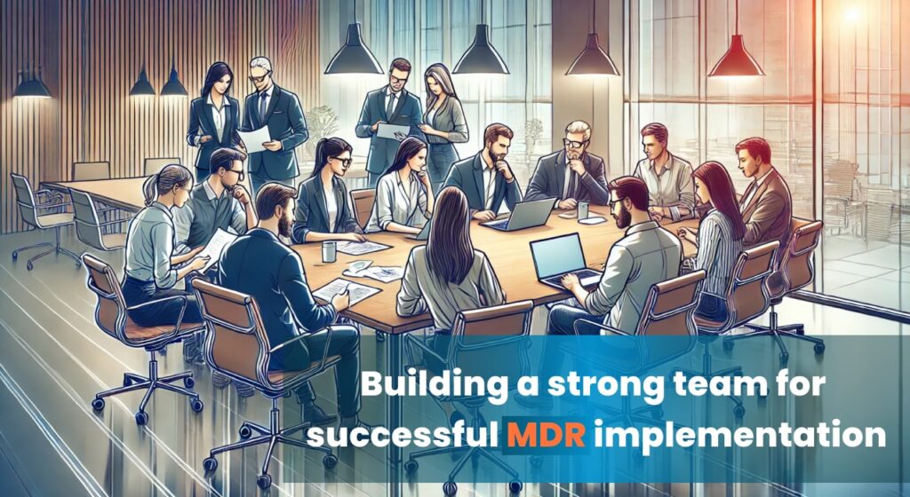 "A team of professionals collaborating around a table in a modern meeting room, discussing MDR implementation strategies with laptops and papers."