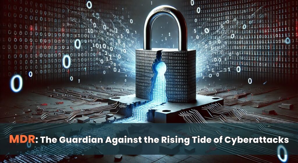 Illustration of a data breach with a padlock securing the compromised data, symbolizing robust security measures.