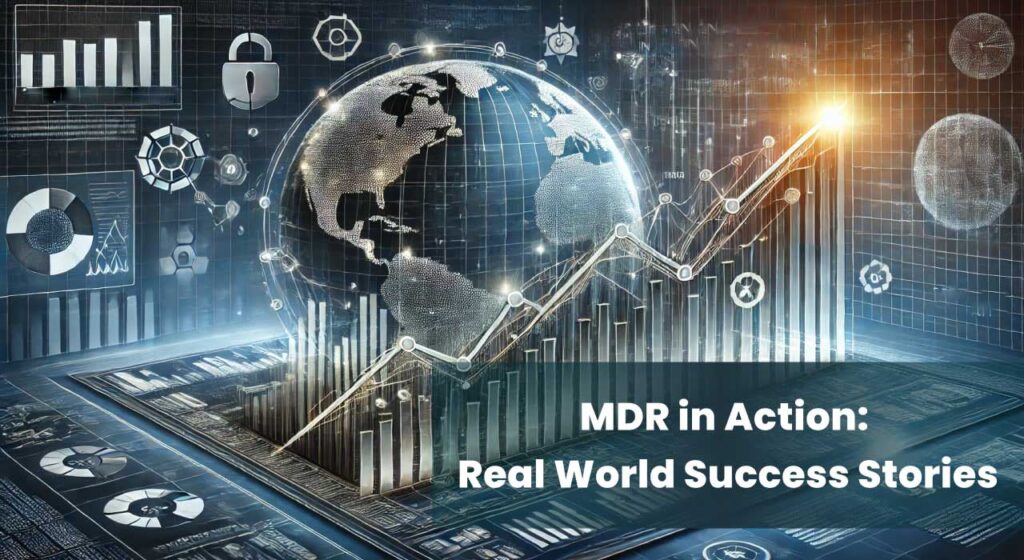 A digital graph overlayed on a globe, showing a decrease in cybersecurity incidents after implementing MDR services. The background includes security icons and charts, symbolising the success of MDR in reducing cyber threats.